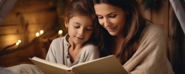 child reading a book with her father - early literacy skills