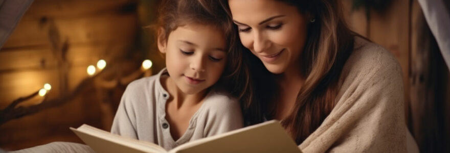 child reading a book with her father - early literacy skills