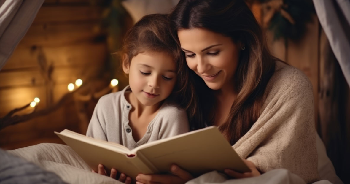 child reading a book with her father - early literacy skills